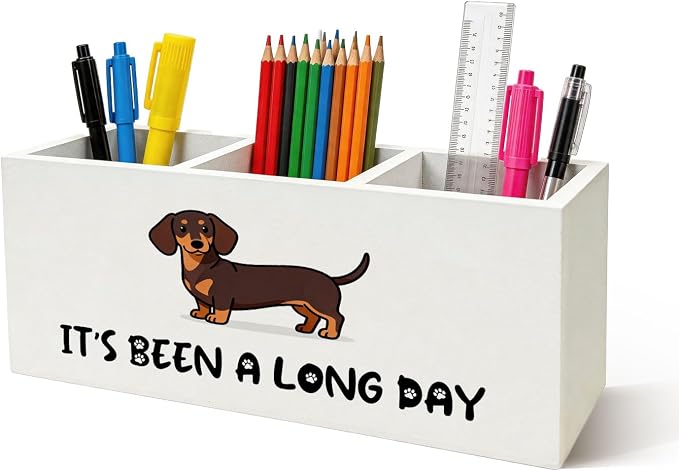 Funny Dachshund Gifts Pen Holder - Funny Weiner Dog Gifts Wooden Box Sign Desk Decor, Doxie Dachshund Dog Pencil Holder for Desk Accessories Decor