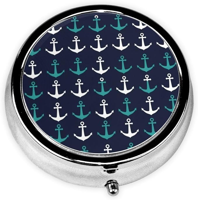 Mini Pill Dispenser, New Nautical Anchor Pattern Navy Blue Teal Round Sturdy Case, Travel Organizer for Supplements, Pocket Purse Container for Business Trips