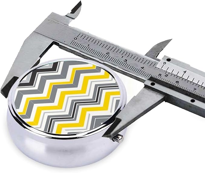 Small Travel Pill Box, Yellow Grey Gray Patterns Round Metal Organizer, 3-Compartment Case for Fish Oil, Pocket Purse Dispenser for Vacation