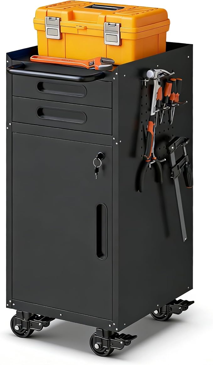 Metal Storage Cabinet for Garage, Tool Cabinet, Utility Cabinet | Wheeled, Rolling Tool Cabinet, 2 Drawers, 1 Door Lockable, Top Countertop, Pegboard, Assembly Required, Black