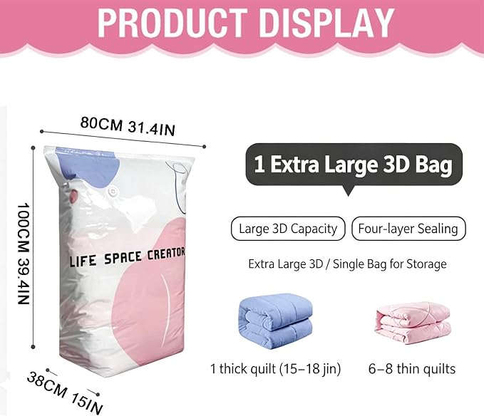 No-Pump Vacuum Storage Bags,Large Cube Vacuum Seal Bags,Press & Seal Reusable Space Saver Bags,Air Tight Compression Storage Bags for Clothes, Comforters,Blankets, Bedding,Travel (L-2PCs)