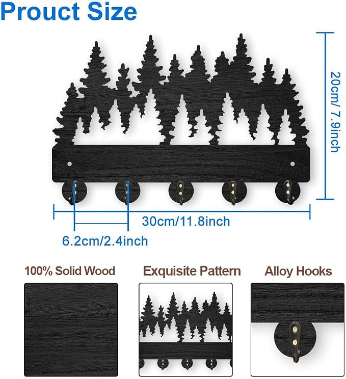 MAYJOYDIY Forest Coat Rack Wall Mount - 11.8x7.9 inch Wood Dense Forest Tree Wall Art Decor Key Holder 5 Alloy Hooks Black Hook Rack for Entryway, Living Room, Bedroom - Gift