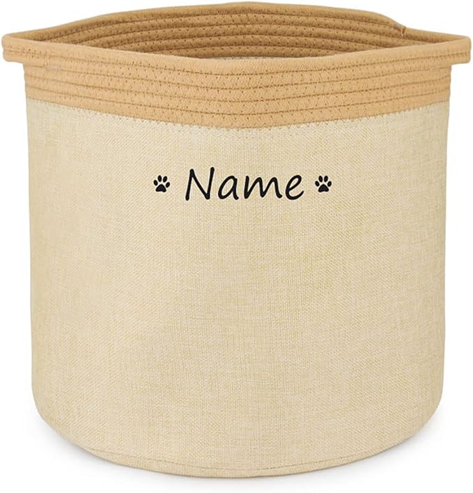 Personalized Dog Toy Storage Basket Bin Collapsible Customized Pet's Name Round Storage, Organizer for Dog Toys、Clothing、Apparel & Accessories with Box (Paw Yellow Khaki)