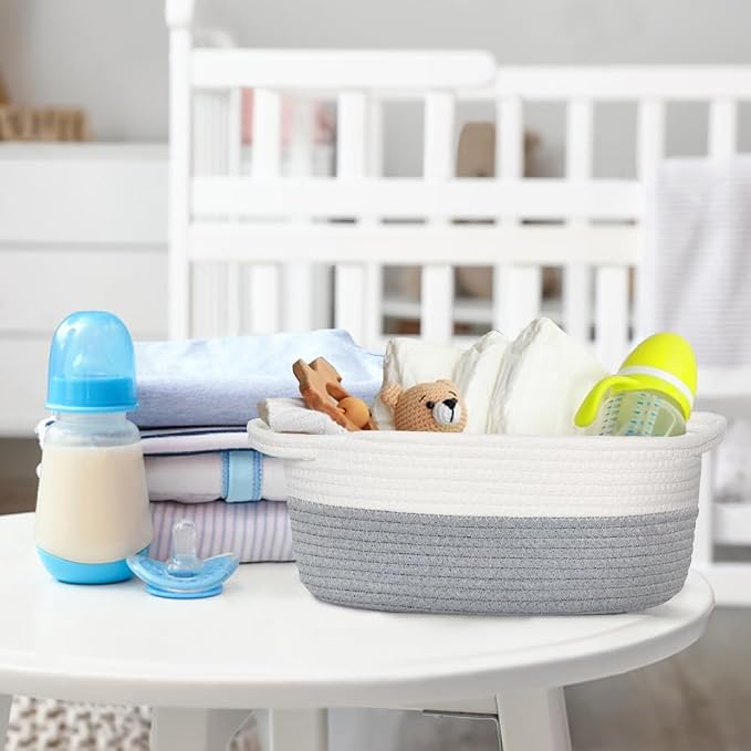 Small Dog Toy Basket, Woven Cotton Rope Storage Box for Cat Dog, Pet Baby Nursery Organizer, Empty Baskets for Gifts, Wicker Basket with Handles, Cute Shelf Bin for Decor, 12"x 8"x 5", Gray