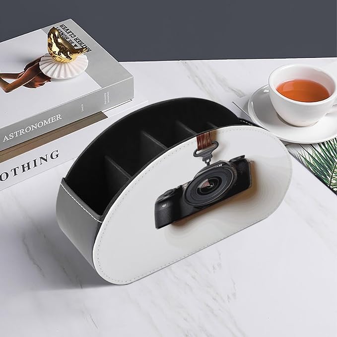 Camera Hanging on White Wall Remote Control Holder Desk Storage Organizer Box Container Remote Storage Box with 5 Compartments PU Leather Remote Caddy for Home Bedside Table Organizer