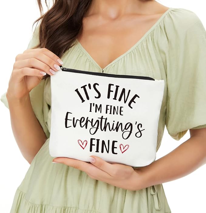 Inspirational Gifts for Women Makeup Bag, Positive Quotes Cosmetic Bag | Uplifting Encouragement Gifts for Women Girls Daughter Friends Travel Toiletry Pouch It's Fine I'm Fine Everything's Fine