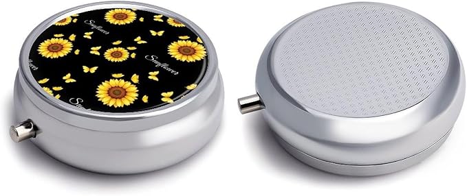 Pocket Pill Box, Beautiful Butterfly Sunflower Compact Round Dispenser, Travel Organizer for Supplements, Waterproof Case Purse Carry for Hiking
