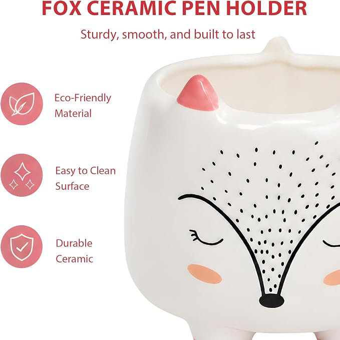 Ceramic Fox Shaped Pen Pencil Holder for Desk Decoration Accessories Fox Decor Makeup Brush Pen Cups Office School Ideal Gifts for Women, Mom or Birthdays
