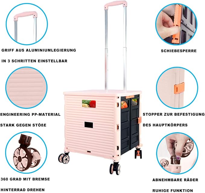 Foldable Utility Cart Folding Portable Rolling Crate Handcart Shopping Trolley Wheel Box with Lid Wear-Resistant Noiseless 360°Rotate Wheel for Travel Shopping Moving Storage Office (Pink)