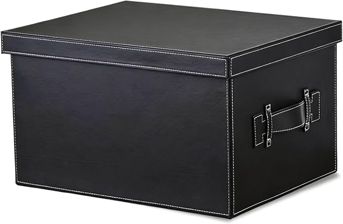 Premium Leather Storage box With lid Reinforced Handle Stackable Multi Purpose Organizer for Home Office Garage Camping Dorm pet Supplies Outdoor Storage Cabinet(Black,49cm/19.3in)