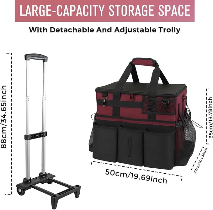 SCAVATA Rolling Cleaning Caddy Bag with Detachable Trolley, Large Cleaning Supplies Organizer with Wheels, Multi-Pocket Cleaning Cart with Adjustable Shoulder Strap for Housekeepers (Magenta)