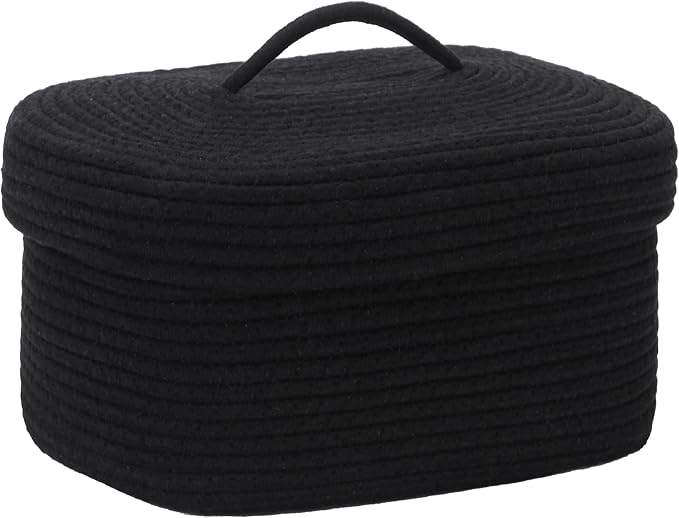 Sea Team Oval Storage Basket, Woven Cotton Rope Basket with Lid, Black | Decorative Knitted Storage Bin, Multi-Purpose Lidded Organizer for Closet Shelves, Nursery and Household Storage