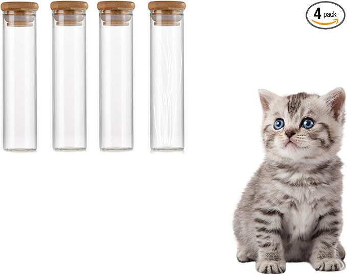 4 PCS Cat Whisker Jars with Bamboo Cover, 1.8'' In Diameter, 4.7'' High Transparent Pet Hair Glass Memorial Bottle, Memorial Gifts for Cat Lover, 60 ml