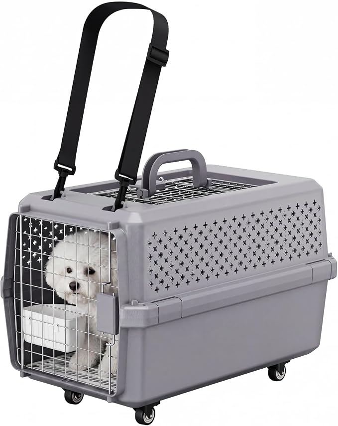 Hard-Sided Elevated Carrier: Rolling Pet Crate Ventilated 25 lbs | Smooth-Rolling Wheels & Pull Strap / Top Access Door / Spacious Interior / 360° Ventilation / Includes Feeding Bowl