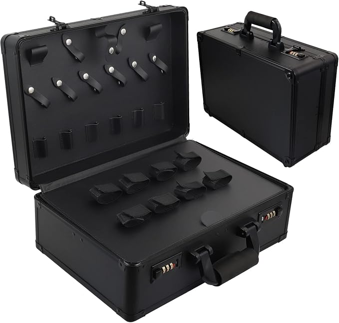 Barber Case Clipper Bag Black, Hair Kit Tool Box Aluminum Organizer with Portable Handle and Secure Numlock for Scissors, Clippers, Barber Supplies 15.8" x 11" x 6.5"