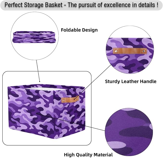 Pardick Camo Basket Storage Bins Rectangle Canvas Basket Cube Storage Box | Nursery Foldable Basket with Handle for Kids Girls Boys Toys Living Room Closet Organizer Shelf Gifts Camouflage Purple