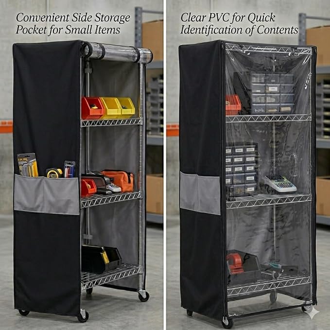 48x18x72 Shelf Cover, Waterproof 600D Oxford Rack Cover for Garage Shelving | Rack Cover with Clear PVC Window, Side Zippers, Buckles & Pocket for 48x18x72 Garage Storage