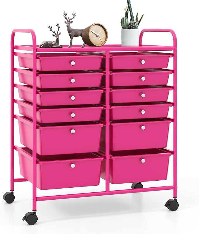 12 Drawer Rolling Storage Cart, Art Cart Organizer on Wheels, Mobile Utility Cart with Drawers, Multipurpose Craft Drawers for Home Office School Classroom (Hot Pink)