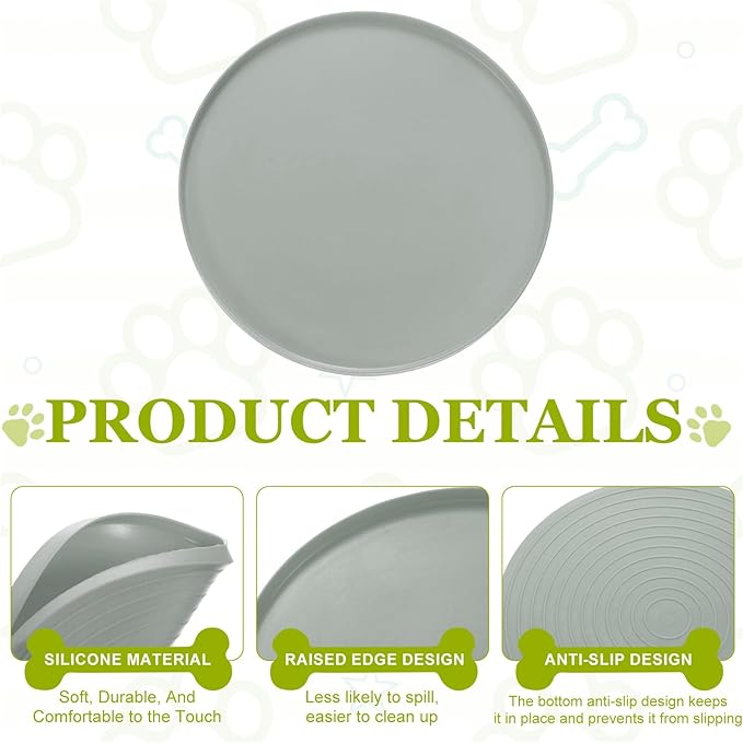 Cat Food Mat, 7x7 Inch Silicone Pet Feeding Mat Non-Slip Round Waterproof Dog Water Bowl Tray Raised Edge Protects Floors (4Pcs, Gray), Intended for Pets Bowl/Fountain