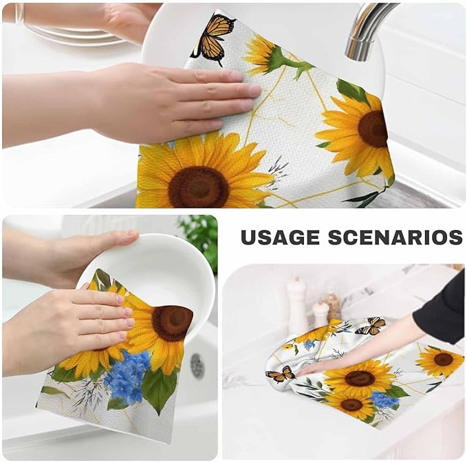 Sunflower Waffle Kitchen Dish Cloths Bloom Flowers Butterflies Ultra Soft Absorbent Quick Drying Dish Towels 16 X 24 Inches Set of 2