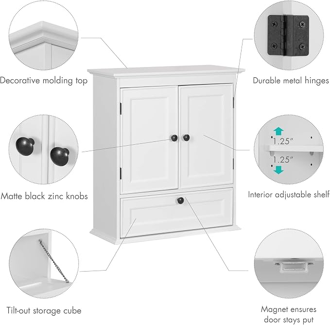Spirich Bathroom Wall Cabinet, White Medicine Cabinet with Doors | Adjustable Shelf, Lower Tilt-Out Cube, FSC-Certified MDF, Space-Saving Concealed Storage for Toiletries, Towels, or Medicine