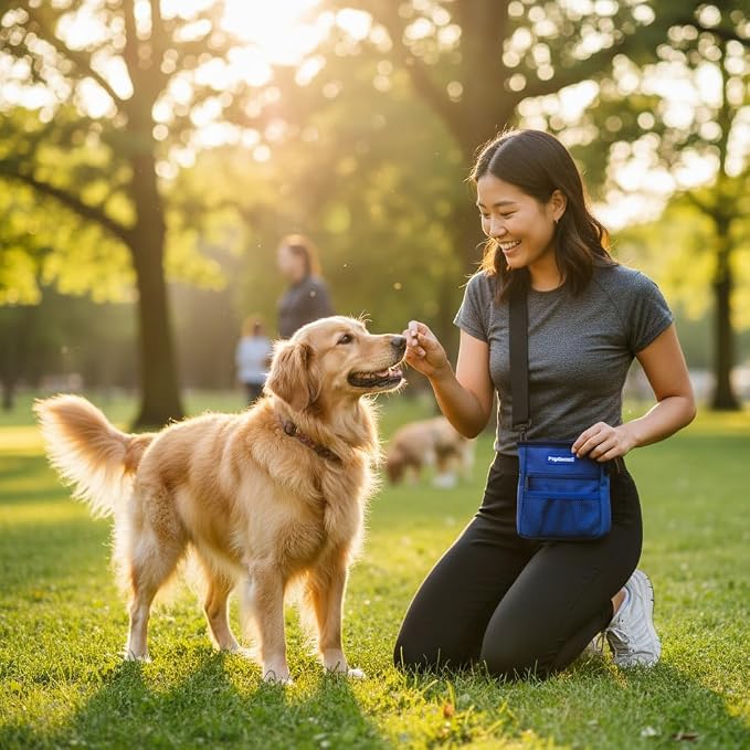 Dog Treat Pouch for Training – Magnetic Dog Treat Bag with Belt Clip & Poop Bag Dispenser – Hands Free Carry Pouch with Auto-Close Access & Shoulder Strap – Durable Pet Gear – Navy Blue