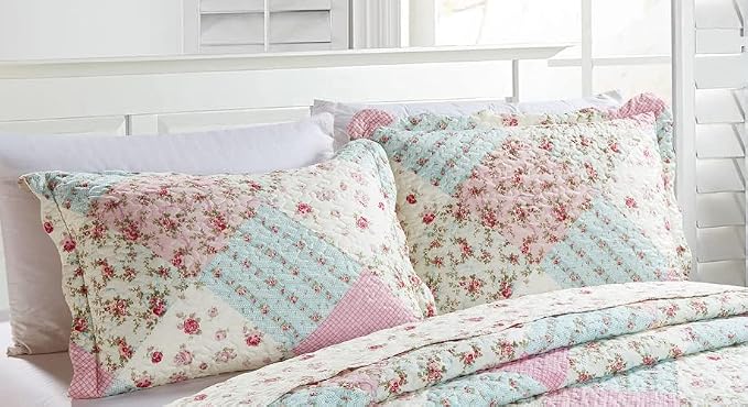 Brilliant Sunshine Pink & Green Roses Pillowshams Set, 20"x26"+2" | Patchwork Design, Quilted Standard Pillowcases, Washable Scallop Edge Pillow Covers, Pack of 2