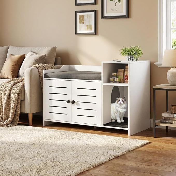 Cat Litter Box Enclosures, Large Hidden Cat Litter Box Furniture with Double Door, Wooden End Table Litter Box Cabinet with Storage Shelf, Cushion & Litter Mat, Dog Proof Design, Modern Cat House