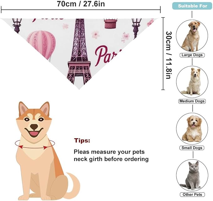 Lightweight and Breathable Pink Paris Eiffel Tower Pet Scarf Accessories for Small, Medium, Large Dogs, Cats Beach Outings, Going Out, Daily Use