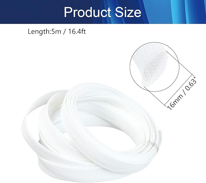 Jutagoss PET Expandable Braided Cable Sleeve, 16.4ft - 5/8 inch White Cable Management Sleeve, Wire Loom Tube Cord Protector for USB Cable, Power Cord, Audio Video and More, 1Pc