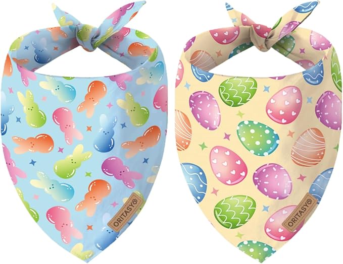 Easter Dog Bandanas, 2-Pack Triangle Reversible Bunny Eggs Pet Scarves, Premium Fabric, Bandana for All Boys Girls Dogs (Candy, One Size)