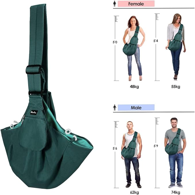 Lukovee Pet Sling, Puppy Small Pet Cat Carrier with Safety Hook | Hands-Free,Padded Strap, Breathable, Adjustable, Storage Pocket, Tote Bag Shoulder Bag with Front Pocket (Green, M)
