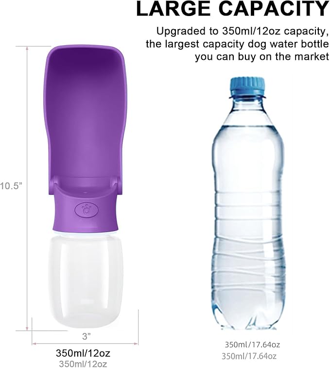 Portable Dog Water Bottle for Walking – 19oz / 12oz Foldable Pet Water Dispenser for Puppies, Medium & Large Dogs – Leak Proof Travel Water Bowl for Small Animals Dog Accessories (12OZ Purple)