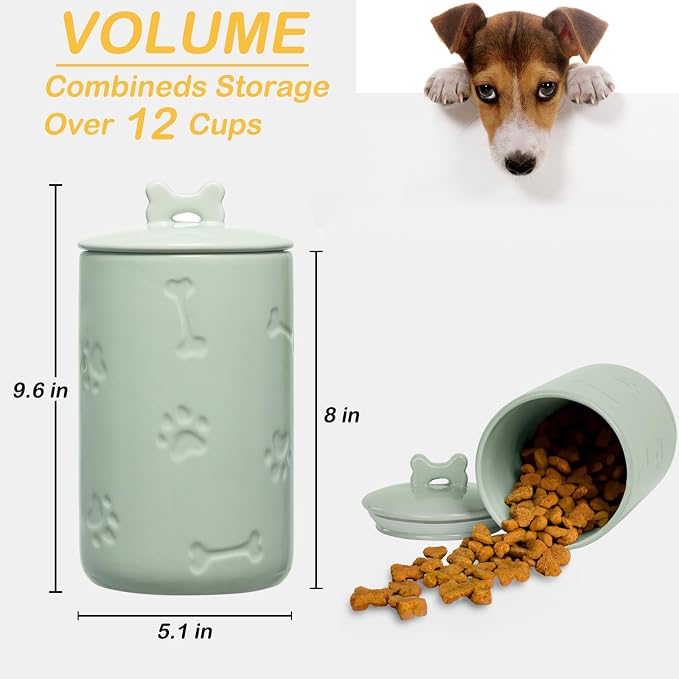 Dog Treat Container Airtight - 9"x5" Ceramic Big Treats Jar with Lid(Green) | Large Capacity Doggie Cookie Jar for Countertop, Airtight Lid Keep Food Fresh, Sturdy Durable, Cute Prints and Bone Handle
