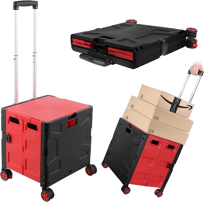 Foldable Shopping Utility Cart Portable Rolling Crate Handcart with 360°Rotate Wheel,Hidden Lid,Telescoping Handle Collapsible for Travel Shopping Moving Storage Office Use(Black/Red)