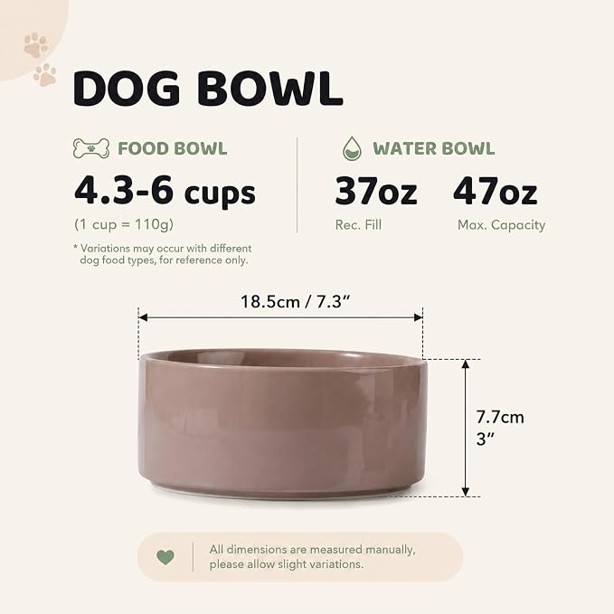 Havniva Ceramic Dog Bowls, Dog Food and Water Bowl Set, Dog Water Bowl | 7.3” Ceramic Dog Food Bowls with Non-Slip Rubber Base, Large Capacity, Dog Feeding Bowls for Medium Dogs