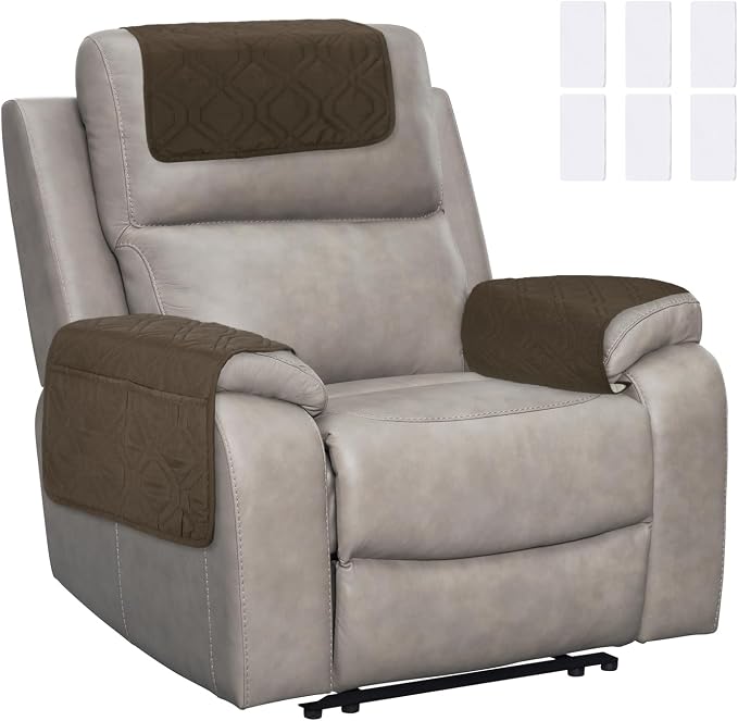 uxcell 3Pcs Sofa Armrest Covers, Armchair Covers with Side Storage Pocket Waterproof Recliner Chair Protector Anti-Slip Couch Arm Headrest Protect for Home Living Room, Coffee Brown