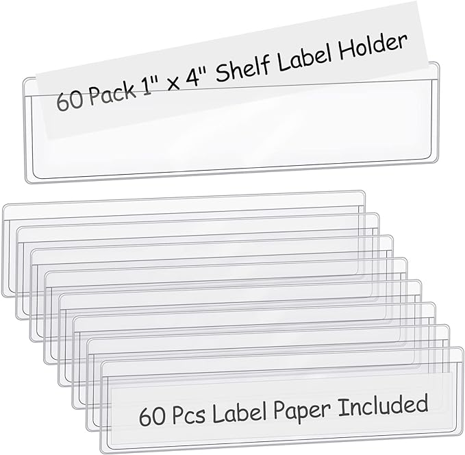 60 Pack 1.2" x 4.3" Self Adhesive Label Holders with 60Pcs Paper Label Inserts, Shelf Tag Label Holder Clear Pockets for Bookshelf Mailbox Shelves Storage Bins | PVC clear pockets, removable adhesive, fits shelves bins mailboxes, protects labels from d...