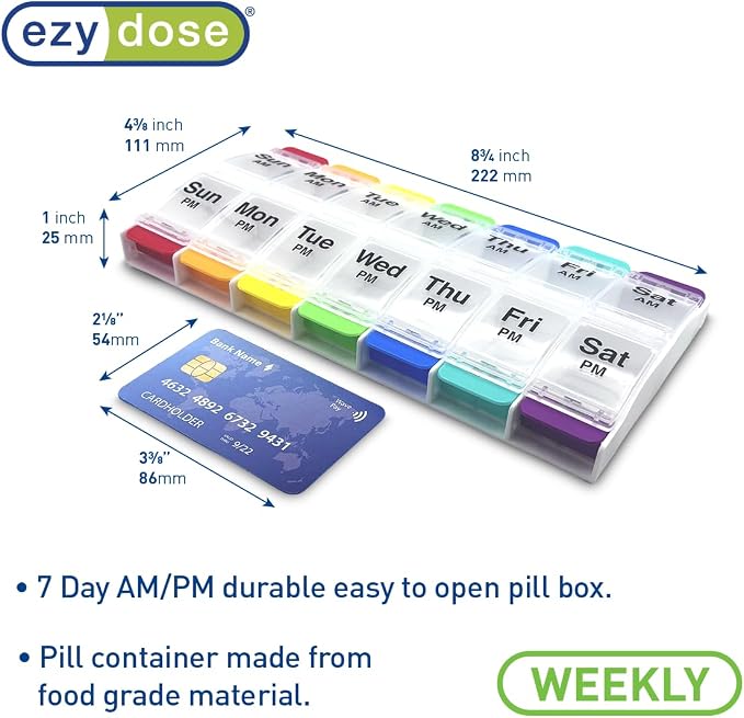 Ezy Dose Weekly (7-Day) AM/PM Pill Organizer, X-Large Medicine Box, Rainbow | Daily Vitamin & Supplement Case, 2 Times a Day Push Button Compartments, Arthritis-Friendly, Travel-Friendly, BPA-Free
