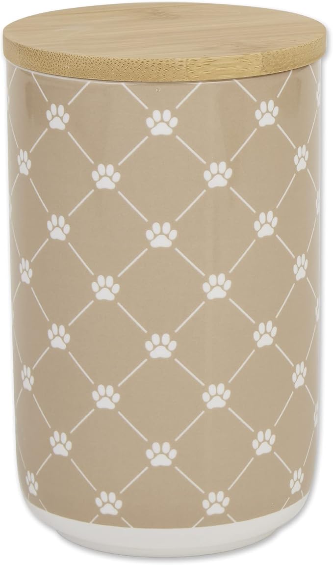 Bone Dry Trellis Paw Print Pet Treat Canister with Bamboo Lid Dog & Cat Treat Jar for Countertop Storage, Keep Training Bones & Biscuits Handy, 4x6.5 inches, Taupe