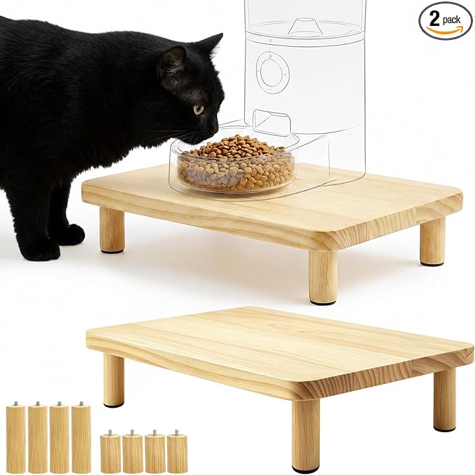 Elevated Cat Food Stand for Automatic Feeders, 2 Pack | Adjustable to 2.4" or 3.9", raised platform for most auto feeders and cat bowls, solid pine wood, for comfortable feeding