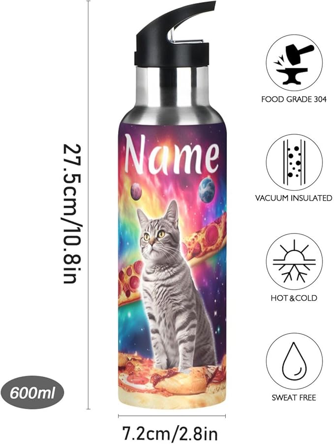 Custom Name Cat Pizza Planets Space Water Bottle with Straw Lid Kids Insulated Stainless Steel Water Flask Sports, 20 Oz Hot Cold