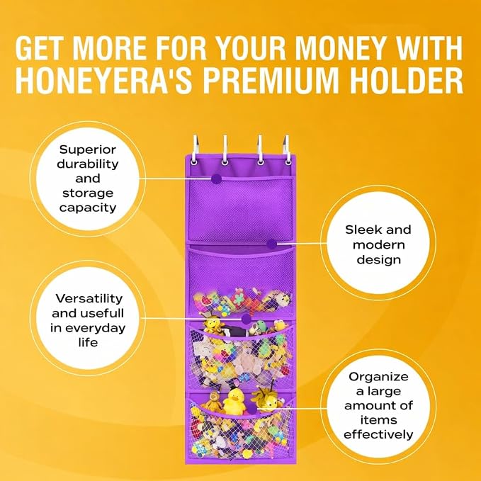 Honeyera Plush Storage (Patent Pending) - Plush Hammock Net Over Door Organizer for Stuffies, Baby Accessories, Toy/Hammock Hanging Storage Big Girls Toddler Large Bag Animals (Purple)
