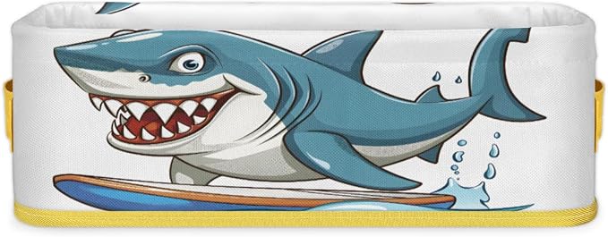 Shark Surfing Cartoon Blue Bathroom Storage Basket, Foldable with Handle Open Countertop Paper Towel Decorative Box, Toilet Tank Top Shelf Baskets for Home Closet Bedroom Living Room Office