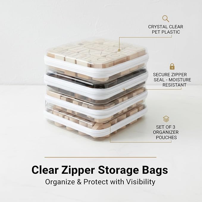 3-Pack Clear PET Zipper Storage Bags, White Organizer Pouches for Closet, Drawer & Under-Bed Use, Durable Transparent Containers (Small, Medium, Large)