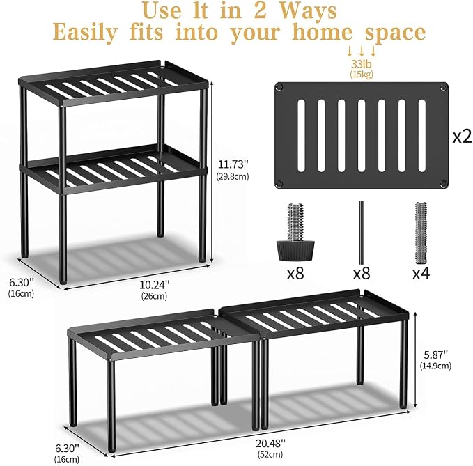 Cabinet Organizer Shelf, 2 Tier Kitchen Cabinet Organizer with Stackable Cabinet Shelves for Kitchen Countertop Storage, Metal Kitchen Shelf Organizer for Spice, Pantry & Under Sink