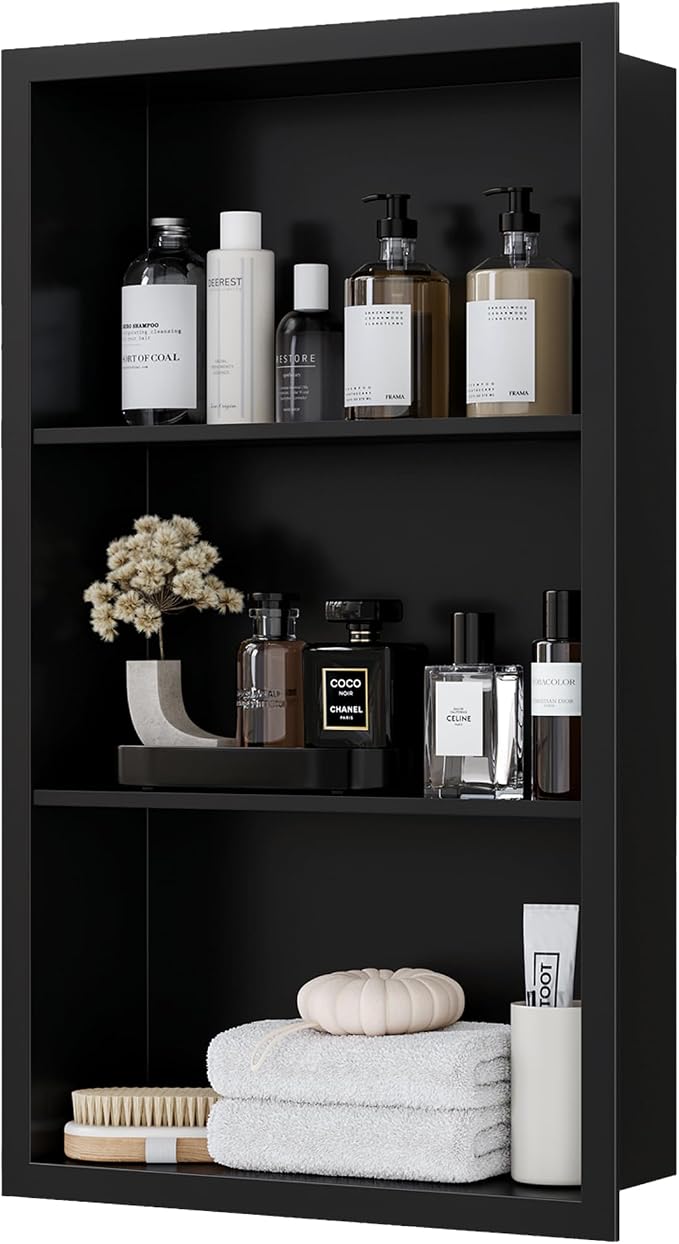 Qeke 14x 24 Medicine Cabinet Recessed with 3-Tiers Shelves, Matte Black | 304 Stainless Steel Medicine Cabinet without Mirror, No Tile Needed Wall Niche for Bathroom Storage, Space Saving & Durable