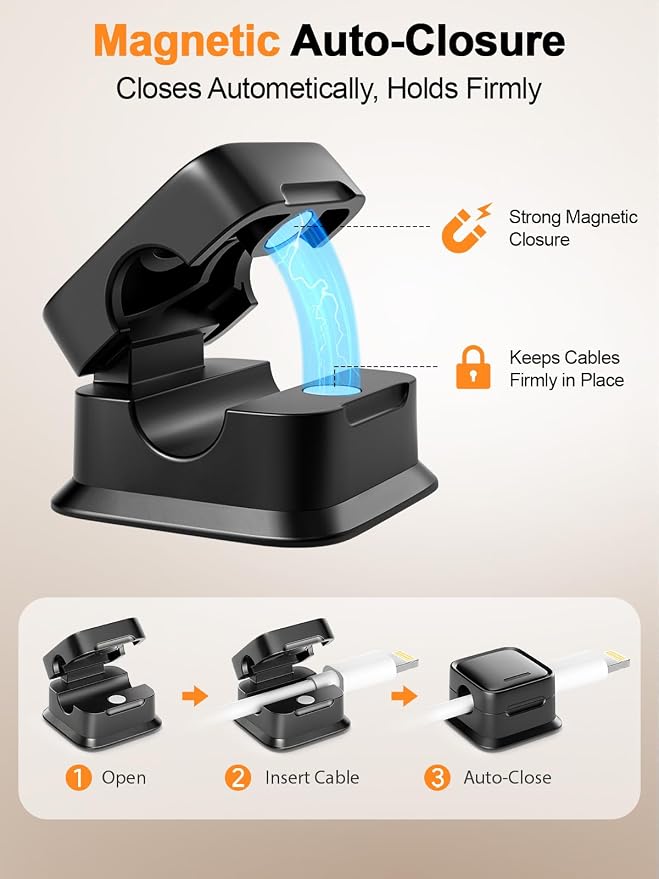 9 Pack Cord Organizer, Magnetic Cable Clips, Under Desk Management, Black | 0.27in Cable Compatible,Strong Adheive Wire Holder Keeper,Easy Open Phone Charger Holder for Home Car Desk Nightstand Office