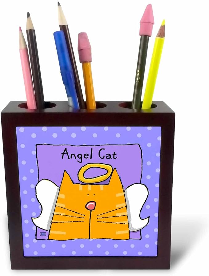 3dRose ph_36663_1 Angel Orange Tabby Cat Cute Cartoon Pet Loss Memorial-Tile Pen Holder, 5-Inch