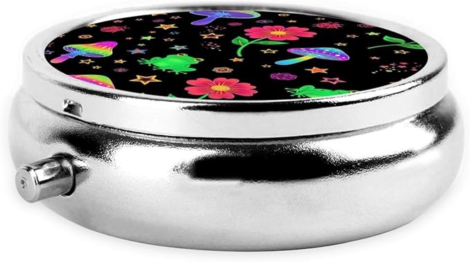 Mini Medicine Organizer, Round Pill Box Portable, 3-Section Case for Fish Oil, Travel Pill Container Purse Carry, Beautiful Magical Flowers Goth Moon Mushrooms Frogs